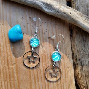 Boucles-star-Nathalie-tissu-asanoha-turquoise-étoile-argent